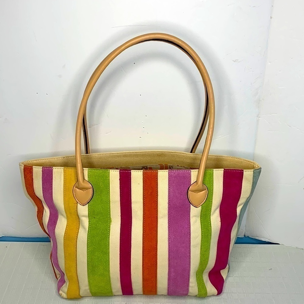 Liz Claiborne pastel striped leather and canvas tote